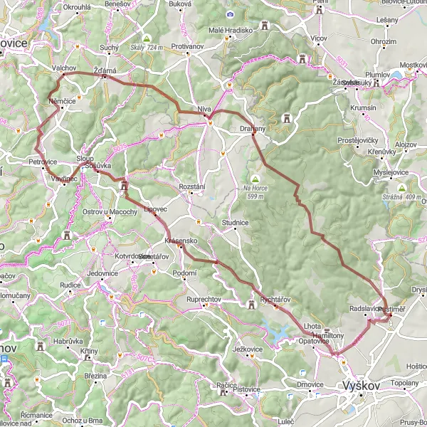 Karten-Miniaturansicht der Radinspiration "Herausfordernde Schottertour von Pustiměř" in Jihovýchod, Czech Republic. Erstellt vom Tarmacs.app-Routenplaner für Radtouren