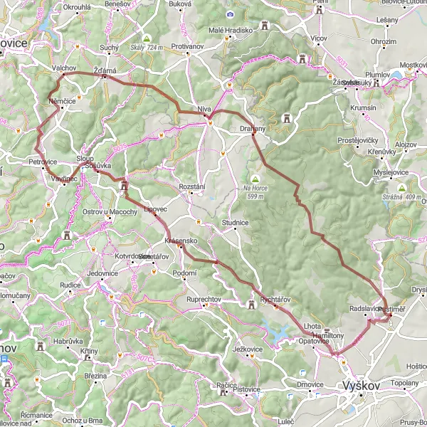 Mapa miniatúra "Zaujímavá cyklotrasa od Pustiměře" cyklistická inšpirácia v Jihovýchod, Czech Republic. Vygenerované cyklistickým plánovačom trás Tarmacs.app