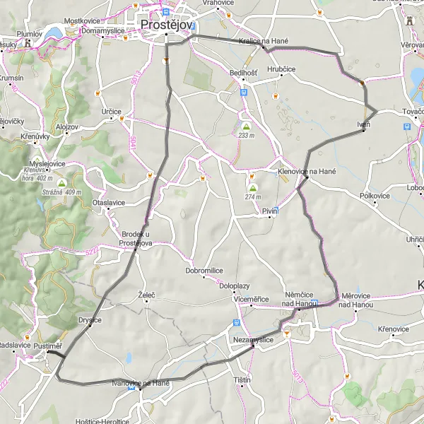 Map miniature of "Brodek u Prostějova to Pustiměř Road Cycling Route" cycling inspiration in Jihovýchod, Czech Republic. Generated by Tarmacs.app cycling route planner