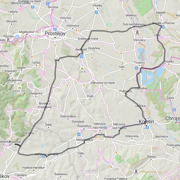 Mapa miniatúra "Kulturní okruh kolem Prostějova" cyklistická inšpirácia v Jihovýchod, Czech Republic. Vygenerované cyklistickým plánovačom trás Tarmacs.app