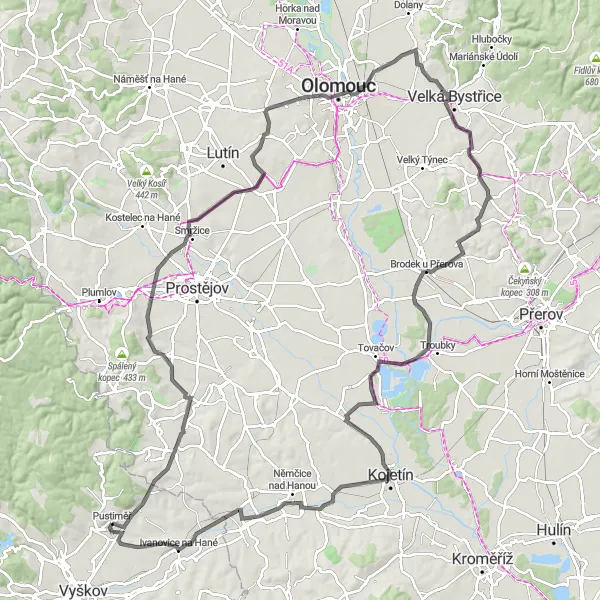 Miniaturní mapa "Okruh kolem Pustiměře a okolních vesnic" inspirace pro cyklisty v oblasti Jihovýchod, Czech Republic. Vytvořeno pomocí plánovače tras Tarmacs.app