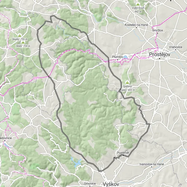 Miniaturní mapa "Okruh do Studnic, Chocholy a Kopaniny" inspirace pro cyklisty v oblasti Jihovýchod, Czech Republic. Vytvořeno pomocí plánovače tras Tarmacs.app