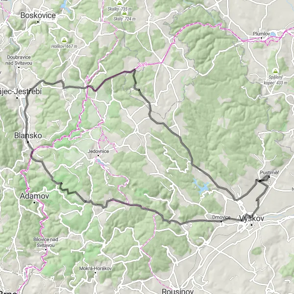 Miniaturní mapa "Výlet kolem Pístovic a Olomučan" inspirace pro cyklisty v oblasti Jihovýchod, Czech Republic. Vytvořeno pomocí plánovače tras Tarmacs.app