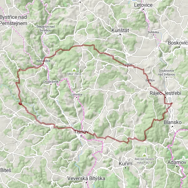 Mapa miniatúra "Gravelový okruh kolem Rájce-Jestřebí" cyklistická inšpirácia v Jihovýchod, Czech Republic. Vygenerované cyklistickým plánovačom trás Tarmacs.app