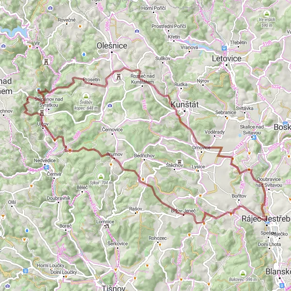 Map miniature of "The Hilltop Adventure" cycling inspiration in Jihovýchod, Czech Republic. Generated by Tarmacs.app cycling route planner