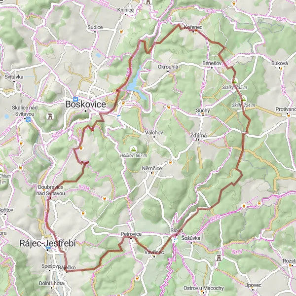 Mapa miniatúra "Gravel - Újezd u Boskovic" cyklistická inšpirácia v Jihovýchod, Czech Republic. Vygenerované cyklistickým plánovačom trás Tarmacs.app
