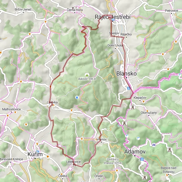 Mapa miniatúra "Gravel Rájec-Jestřebí II" cyklistická inšpirácia v Jihovýchod, Czech Republic. Vygenerované cyklistickým plánovačom trás Tarmacs.app