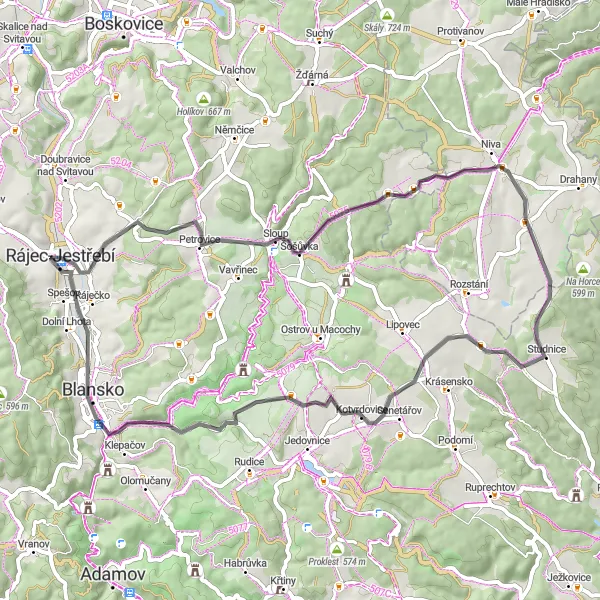 Karten-Miniaturansicht der Radinspiration "Auf historischen Spuren: Rájec-Jestřebí Road Route" in Jihovýchod, Czech Republic. Erstellt vom Tarmacs.app-Routenplaner für Radtouren
