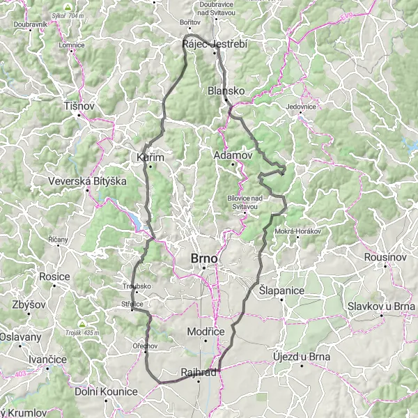 Mapa miniatúra "Okolím Rájce-Jestřebí na silnici" cyklistická inšpirácia v Jihovýchod, Czech Republic. Vygenerované cyklistickým plánovačom trás Tarmacs.app