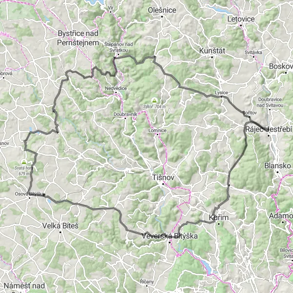Miniaturní mapa "Kolem Černé Hory" inspirace pro cyklisty v oblasti Jihovýchod, Czech Republic. Vytvořeno pomocí plánovače tras Tarmacs.app