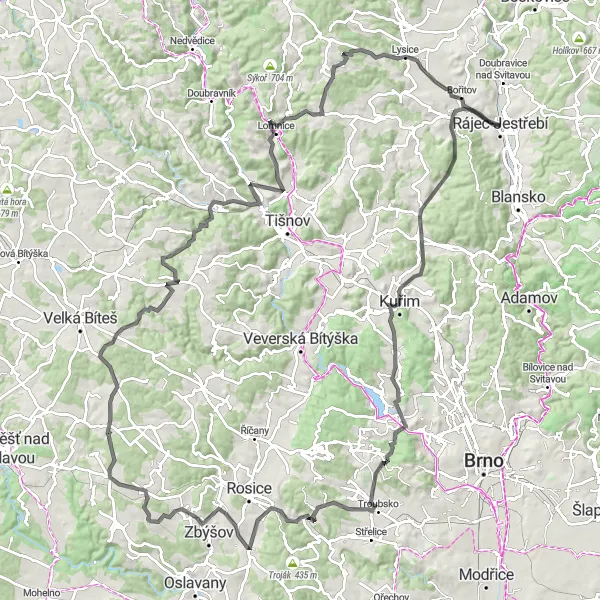 Mapa miniatúra "Road Rájec-Jestřebí III" cyklistická inšpirácia v Jihovýchod, Czech Republic. Vygenerované cyklistickým plánovačom trás Tarmacs.app