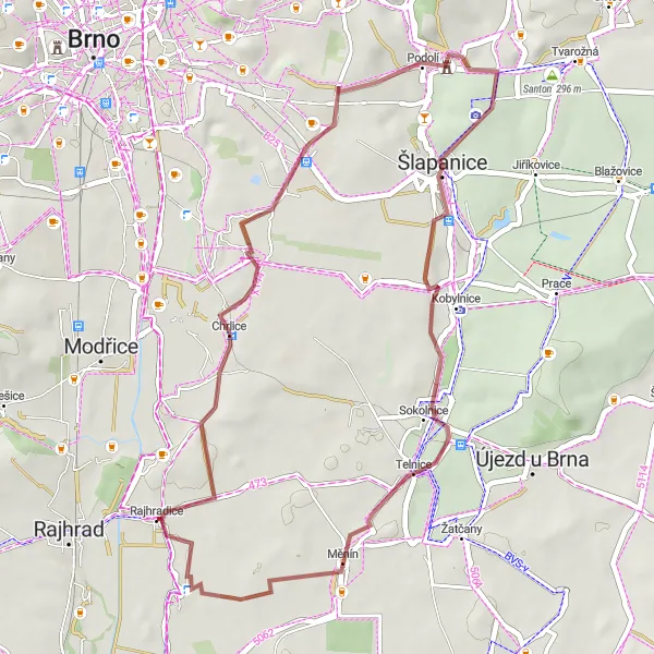Mapa miniatúra "Skrytými cestičkami kolem Rajhradu" cyklistická inšpirácia v Jihovýchod, Czech Republic. Vygenerované cyklistickým plánovačom trás Tarmacs.app
