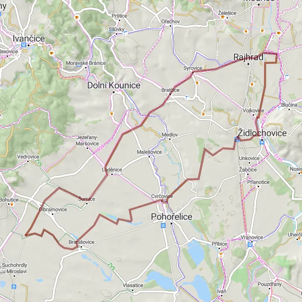 Mapa miniatúra "Oklikovými cestami kolem Rajhradic" cyklistická inšpirácia v Jihovýchod, Czech Republic. Vygenerované cyklistickým plánovačom trás Tarmacs.app