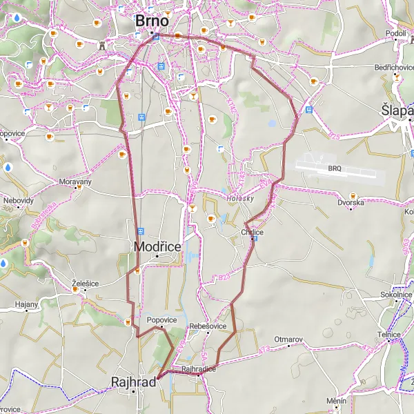 Karten-Miniaturansicht der Radinspiration "Abenteuerliche Kieswege" in Jihovýchod, Czech Republic. Erstellt vom Tarmacs.app-Routenplaner für Radtouren