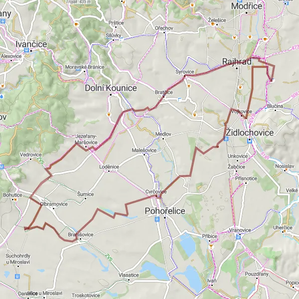 Mapa miniatúra "Kolem Rajhradského mlýna" cyklistická inšpirácia v Jihovýchod, Czech Republic. Vygenerované cyklistickým plánovačom trás Tarmacs.app
