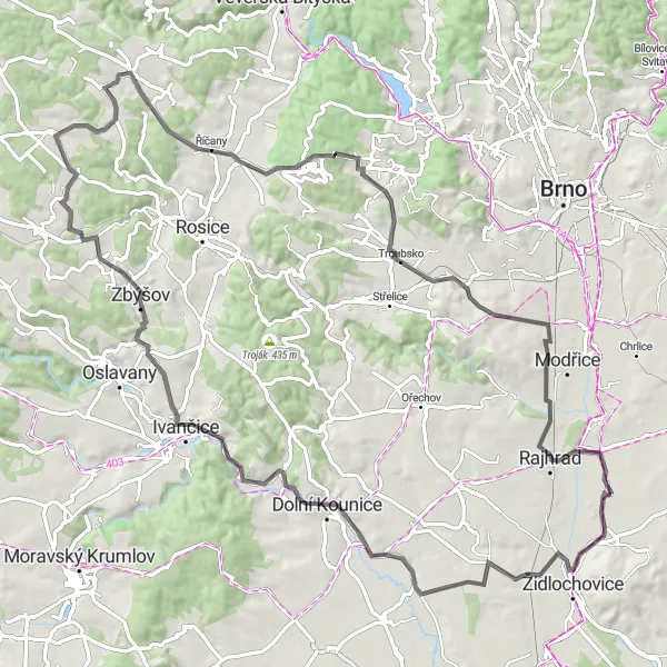 Mapa miniatúra "Cyklotrasa do okolí Rajhradic" cyklistická inšpirácia v Jihovýchod, Czech Republic. Vygenerované cyklistickým plánovačom trás Tarmacs.app