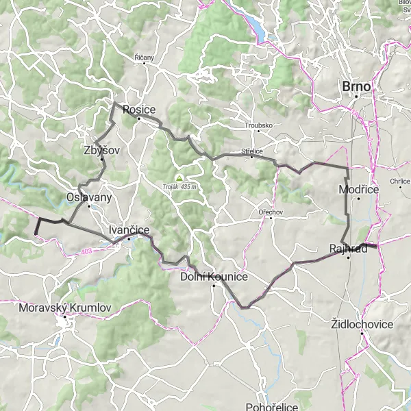 Map miniature of "Rajhradice to Nebovidy through Němčičky and Rovný" cycling inspiration in Jihovýchod, Czech Republic. Generated by Tarmacs.app cycling route planner