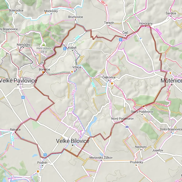 Miniaturní mapa "Gravelová trasa od Bořetic do Rakvic" inspirace pro cyklisty v oblasti Jihovýchod, Czech Republic. Vytvořeno pomocí plánovače tras Tarmacs.app