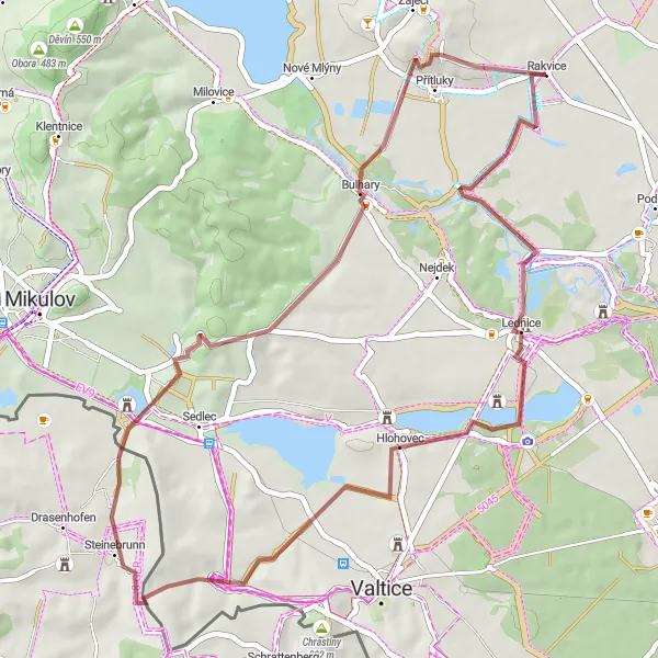 Mapa miniatúra "Gravelový okruh Lednicko-valtické zahrady" cyklistická inšpirácia v Jihovýchod, Czech Republic. Vygenerované cyklistickým plánovačom trás Tarmacs.app