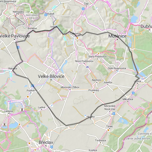 Map miniature of "Road route from Rakvice" cycling inspiration in Jihovýchod, Czech Republic. Generated by Tarmacs.app cycling route planner