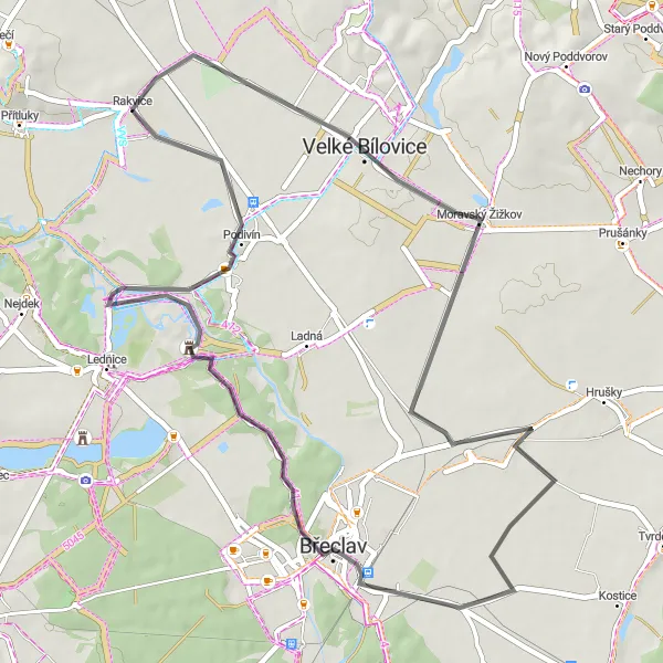 Map miniature of "Velké Bílovice Loop" cycling inspiration in Jihovýchod, Czech Republic. Generated by Tarmacs.app cycling route planner