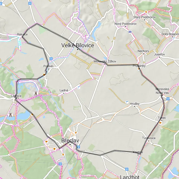 Map miniature of "Lednice Castle Loop" cycling inspiration in Jihovýchod, Czech Republic. Generated by Tarmacs.app cycling route planner