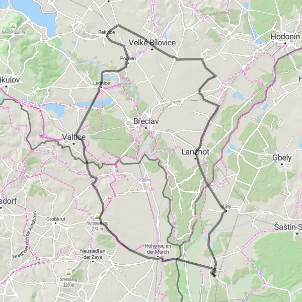 Miniaturní mapa "Cyklovýlet do Lanžhotu a Lednice" inspirace pro cyklisty v oblasti Jihovýchod, Czech Republic. Vytvořeno pomocí plánovače tras Tarmacs.app