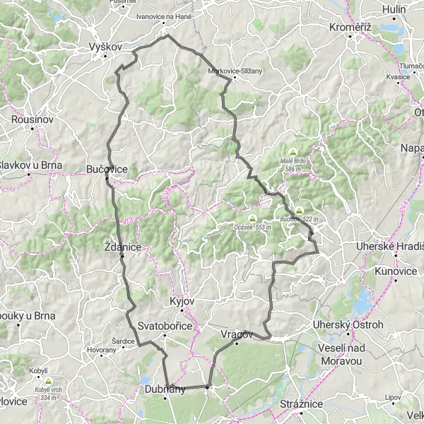 Miniaturní mapa "Trasa Ratíškovice - Čertobrd - Vacenovice" inspirace pro cyklisty v oblasti Jihovýchod, Czech Republic. Vytvořeno pomocí plánovače tras Tarmacs.app