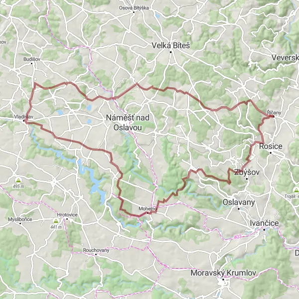 Miniaturní mapa "Epic gravel route to Rozhledna Ocmanice" inspirace pro cyklisty v oblasti Jihovýchod, Czech Republic. Vytvořeno pomocí plánovače tras Tarmacs.app