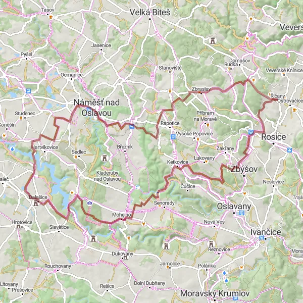 Miniatura mapy "Szlakiem gravelowych perełek w okolicach Náměště nad Oslavou" - trasy rowerowej w Jihovýchod, Czech Republic. Wygenerowane przez planer tras rowerowych Tarmacs.app