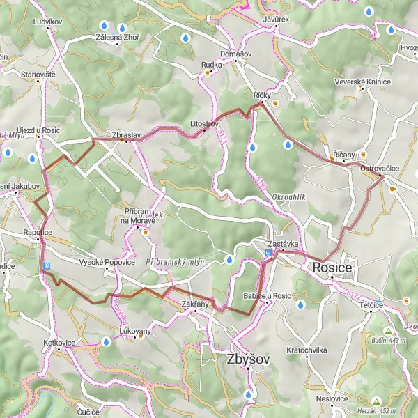 Miniaturní mapa "Gravel route through Ostrovačice and Litostrov" inspirace pro cyklisty v oblasti Jihovýchod, Czech Republic. Vytvořeno pomocí plánovače tras Tarmacs.app