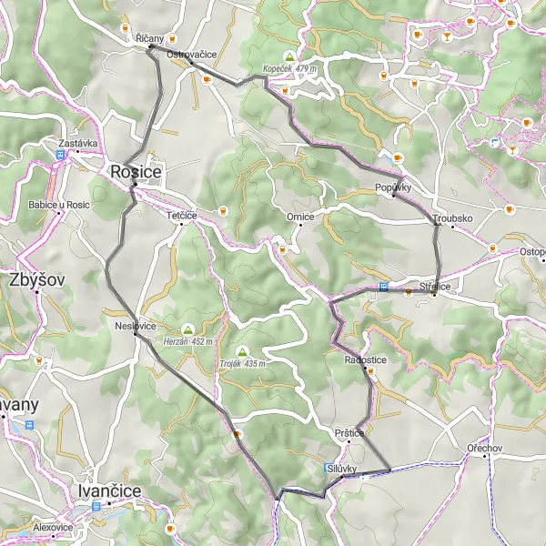 Karten-Miniaturansicht der Radinspiration "Říčany - Baba - Silůvky - Neslovice - Rosice" in Jihovýchod, Czech Republic. Erstellt vom Tarmacs.app-Routenplaner für Radtouren