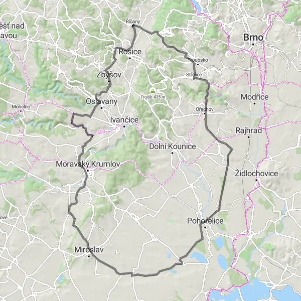Miniatura mapy "Trasa dookoła Říčan na rowerze szosowym" - trasy rowerowej w Jihovýchod, Czech Republic. Wygenerowane przez planer tras rowerowych Tarmacs.app