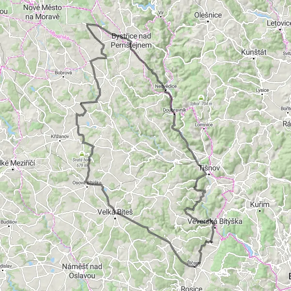 Miniaturní mapa "Výlet kolem Říčan po silnici" inspirace pro cyklisty v oblasti Jihovýchod, Czech Republic. Vytvořeno pomocí plánovače tras Tarmacs.app