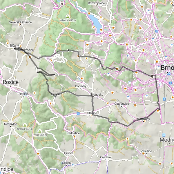 Miniatura mapy "Przejażdżka rowerowa w okolicach Říčan" - trasy rowerowej w Jihovýchod, Czech Republic. Wygenerowane przez planer tras rowerowych Tarmacs.app