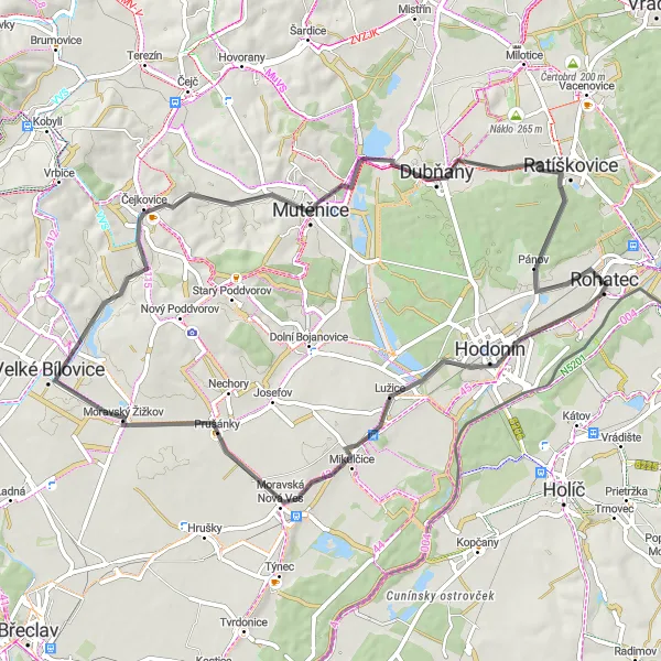 Map miniature of "Lužice - Prušánky - Velké Bílovice - Vyhlídka na výsluní - Mutěnice - Dubňany - Ratíškovice" cycling inspiration in Jihovýchod, Czech Republic. Generated by Tarmacs.app cycling route planner