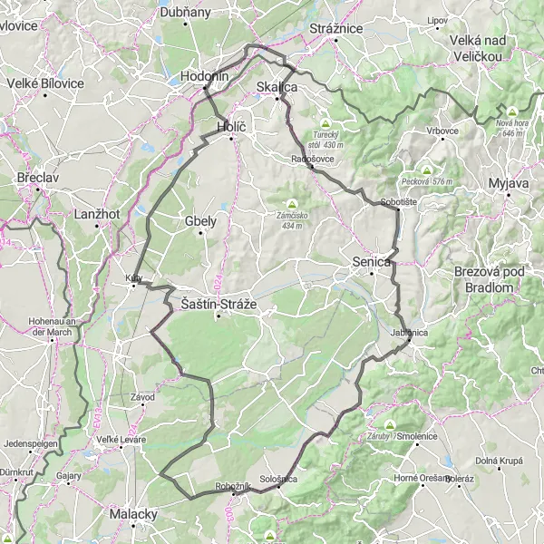 Map miniature of "Road cycling adventure with challenging climbs in Jihovýchod, Czech Republic" cycling inspiration in Jihovýchod, Czech Republic. Generated by Tarmacs.app cycling route planner