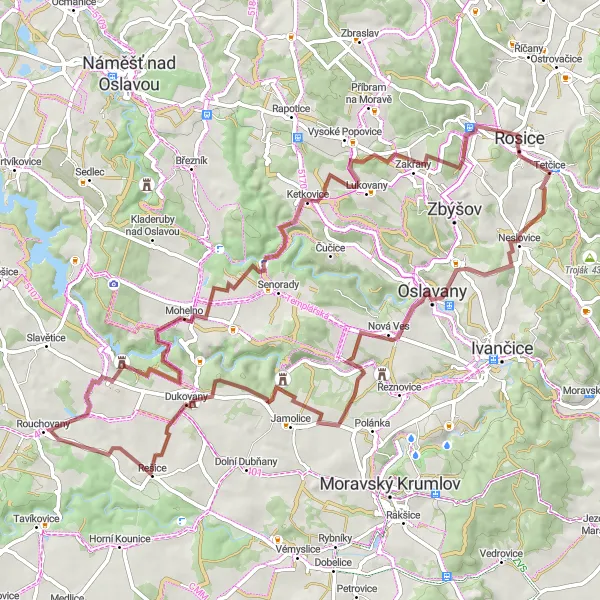 Miniaturní mapa "Gravelova cesta kolem Rosic" inspirace pro cyklisty v oblasti Jihovýchod, Czech Republic. Vytvořeno pomocí plánovače tras Tarmacs.app