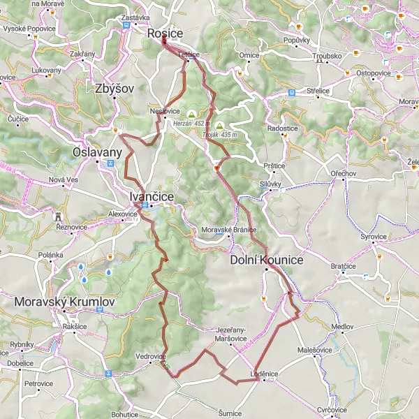 Miniaturní mapa "Gravel směrem na Vladimíra Menšíka" inspirace pro cyklisty v oblasti Jihovýchod, Czech Republic. Vytvořeno pomocí plánovače tras Tarmacs.app