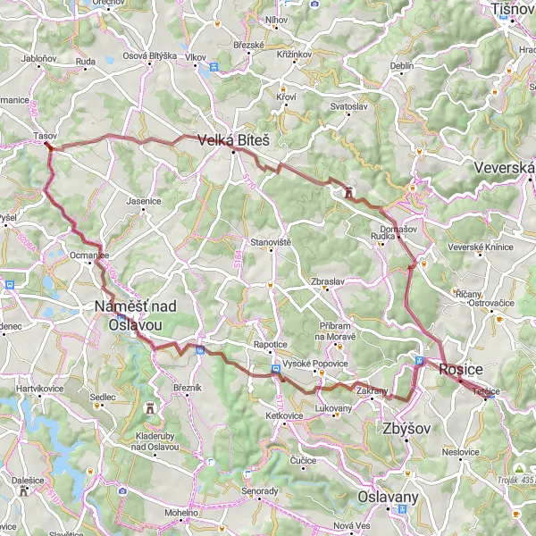 Miniaturní mapa "Cyklistická trasa kolem Rosic" inspirace pro cyklisty v oblasti Jihovýchod, Czech Republic. Vytvořeno pomocí plánovače tras Tarmacs.app