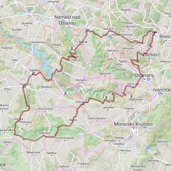 Miniaturní mapa "Gravel kolem Oslavan" inspirace pro cyklisty v oblasti Jihovýchod, Czech Republic. Vytvořeno pomocí plánovače tras Tarmacs.app