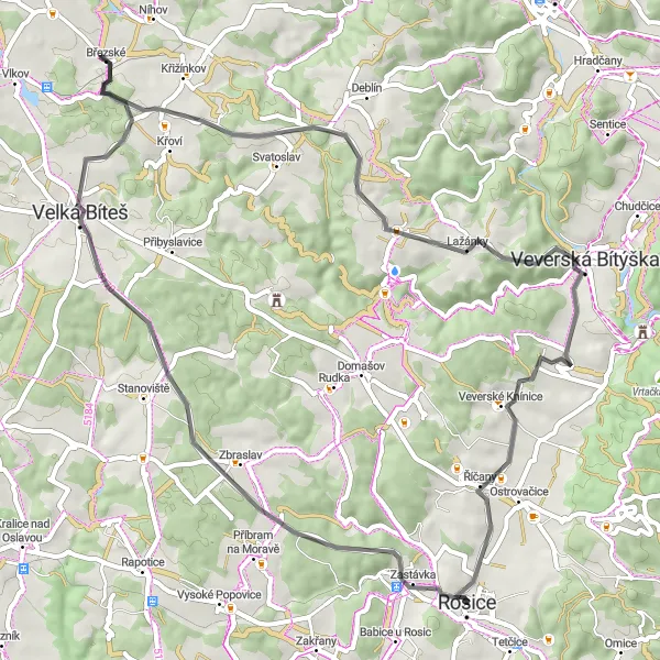 Miniaturní mapa "Rosice a okolí na kole" inspirace pro cyklisty v oblasti Jihovýchod, Czech Republic. Vytvořeno pomocí plánovače tras Tarmacs.app