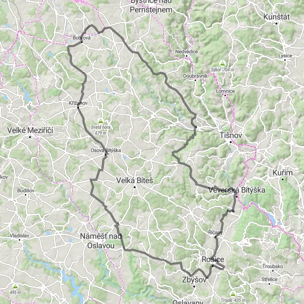 Miniaturní mapa "Silniční Cyklotrasa Rosice - Rosice" inspirace pro cyklisty v oblasti Jihovýchod, Czech Republic. Vytvořeno pomocí plánovače tras Tarmacs.app