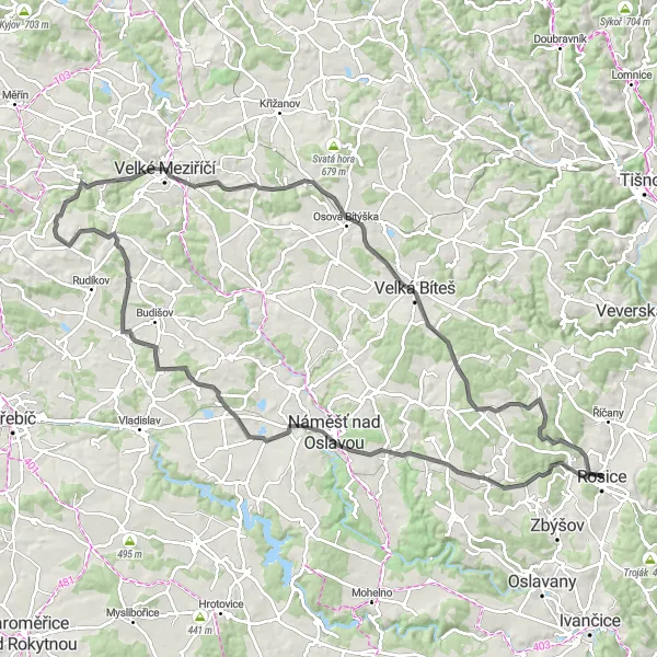 Miniaturní mapa "Silniční Cyklotrasa Rosice - Rosice" inspirace pro cyklisty v oblasti Jihovýchod, Czech Republic. Vytvořeno pomocí plánovače tras Tarmacs.app