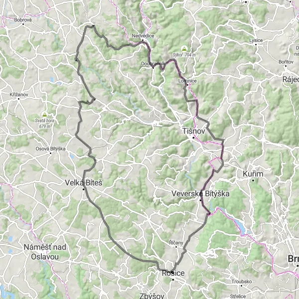 Miniaturní mapa "Silniční Cyklotrasa Rosice - Rosice" inspirace pro cyklisty v oblasti Jihovýchod, Czech Republic. Vytvořeno pomocí plánovače tras Tarmacs.app