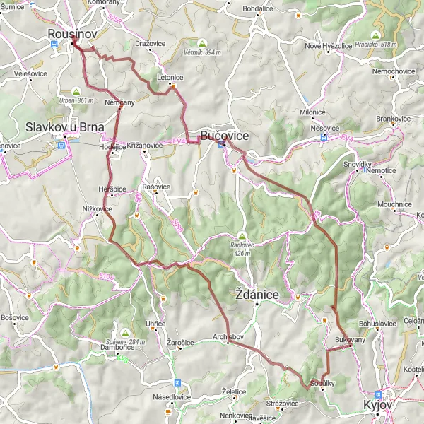 Miniaturní mapa "Journey through Kroužek and Nebštich" inspirace pro cyklisty v oblasti Jihovýchod, Czech Republic. Vytvořeno pomocí plánovače tras Tarmacs.app