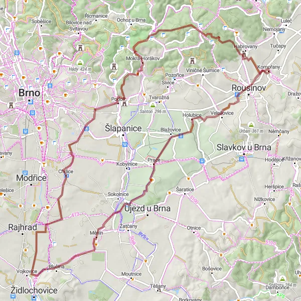 Mapa miniatúra "Gravelový okruh kolem Komořan" cyklistická inšpirácia v Jihovýchod, Czech Republic. Vygenerované cyklistickým plánovačom trás Tarmacs.app