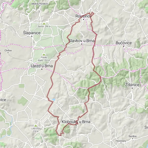 Miniaturní mapa "Through the Čechyně Valley" inspirace pro cyklisty v oblasti Jihovýchod, Czech Republic. Vytvořeno pomocí plánovače tras Tarmacs.app