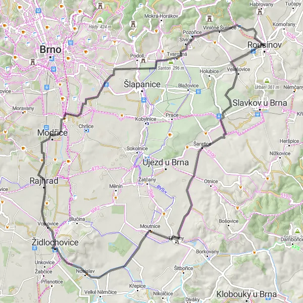 Miniaturní mapa "Road trip through Modřice and Nosislav" inspirace pro cyklisty v oblasti Jihovýchod, Czech Republic. Vytvořeno pomocí plánovače tras Tarmacs.app