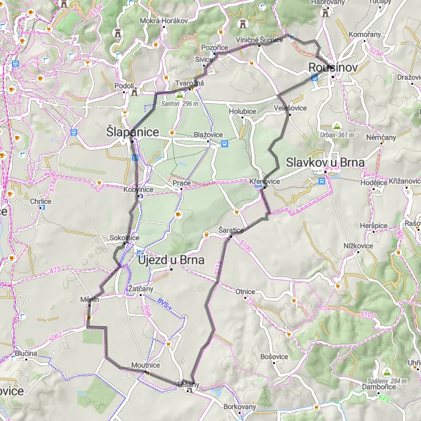 Miniaturní mapa "Okruh kolem Rousínova a okolí" inspirace pro cyklisty v oblasti Jihovýchod, Czech Republic. Vytvořeno pomocí plánovače tras Tarmacs.app